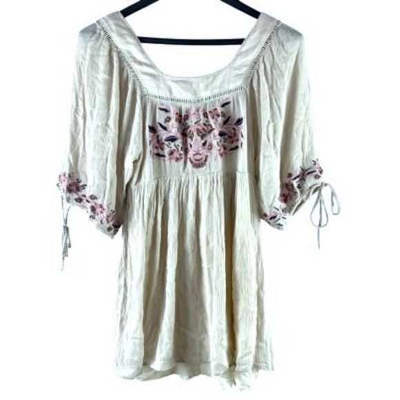 En Crème Women’s Sz Medium White Rayon Floral Boho Square Neck Mini Dress - Picture 1 of 12